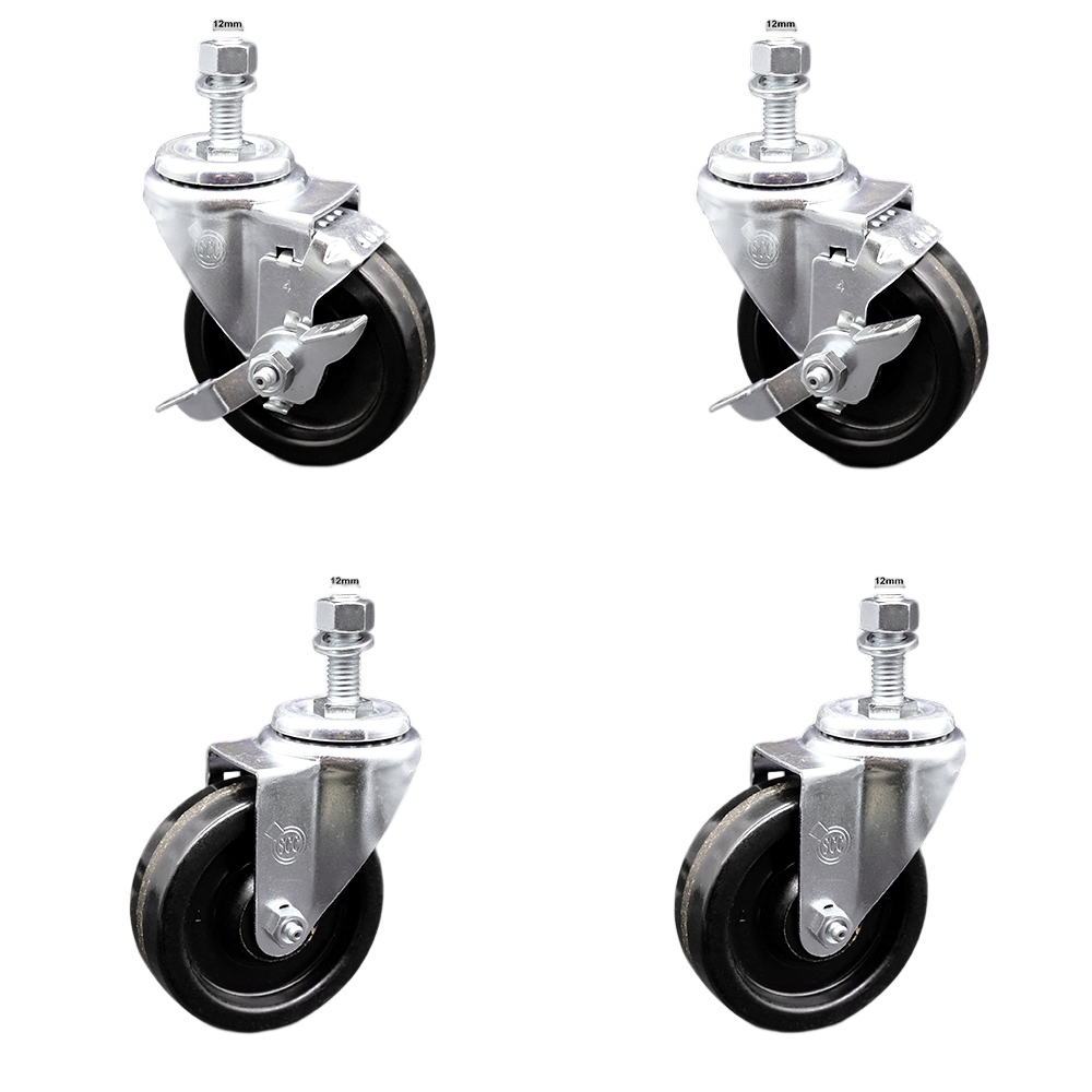 Stainless Steel Phenolic Swivel Threaded Stem Caster Set of 4 w/4" x 1.25" Black Wheels and 12MM Metric Stems - Includes 2 with Top Locking Brake - 1200 lbs Total Capacity - Service Caster Brand — photo 1