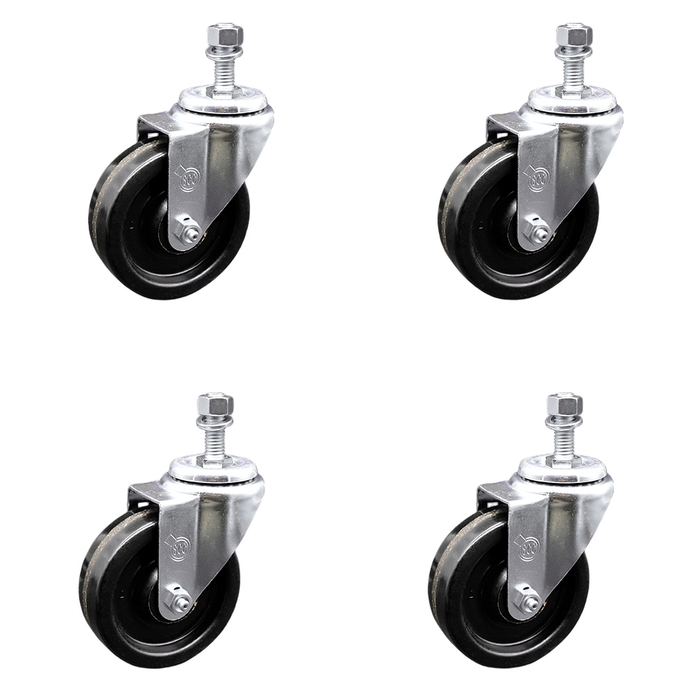 Stainless Steel Phenolic Swivel Threaded Stem Caster Set of 4 w/4" x 1.25" Black Wheels and 12mm Stems - Includes 4 Swivel - 1200 lbs Total Capacity - Service Caster Brand — photo 1