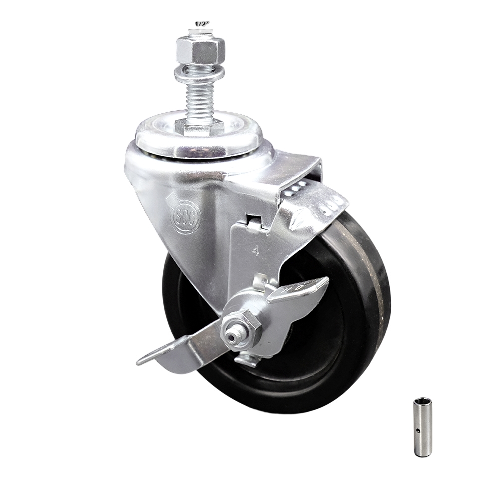 Stainless Steel Phenolic Swivel Threaded Stem Caster w/4" x 1.25" Black Wheel and 1/2" Stem & Top Locking Brake - 300 lbs Capacity/Caster - Service Caster Brand — photo 1