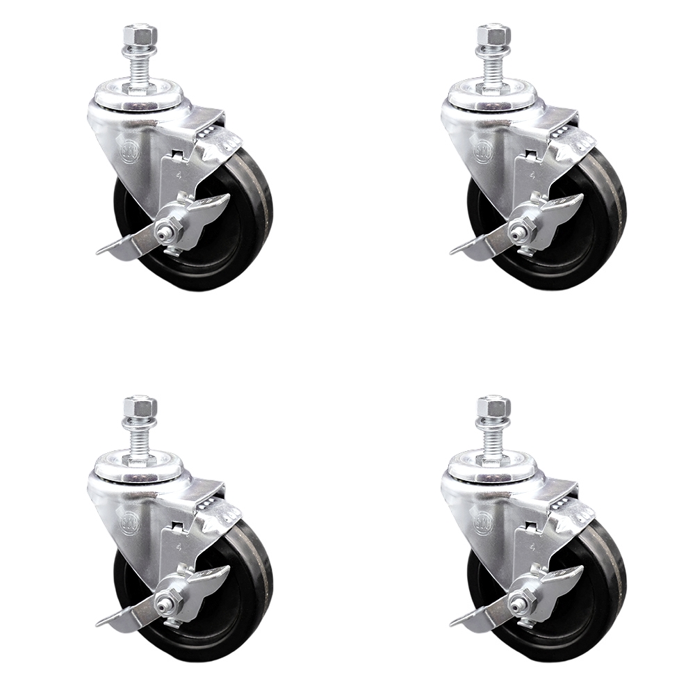 Stainless Steel Phenolic Swivel Threaded Stem Caster Set of 4 w/4" x 1.25" Black Wheels and 3/8" Stems - Includes 4 with Top Lock Brakes - 1200 lbs Total Capacity - Service Caster Brand — photo 1