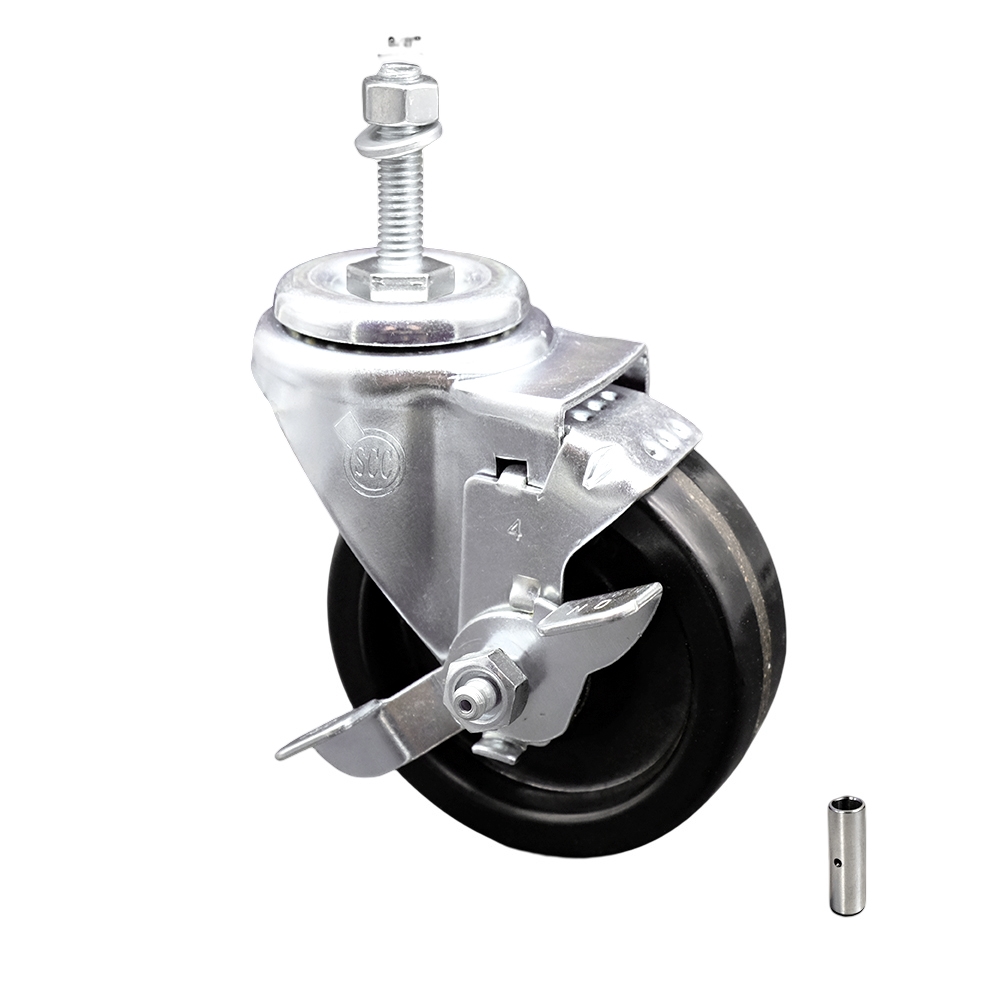 Stainless Steel Phenolic Swivel Threaded Stem Caster w/4" x 1.25" Black Wheel and 3/8" Stem & Top Locking Brake - 300 lbs Capacity/Caster - Service Caster Brand — photo 1