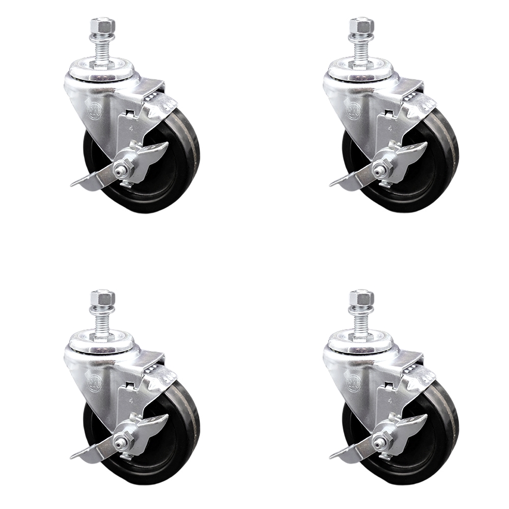Stainless Steel Phenolic Swivel Threaded Stem Caster Set of 4 w/4" x 1.25" Black Wheels and 10mm Stems - Includes 4 with Top Lock Brakes - 1200 lbs Total Capacity - Service Caster Brand — photo 1