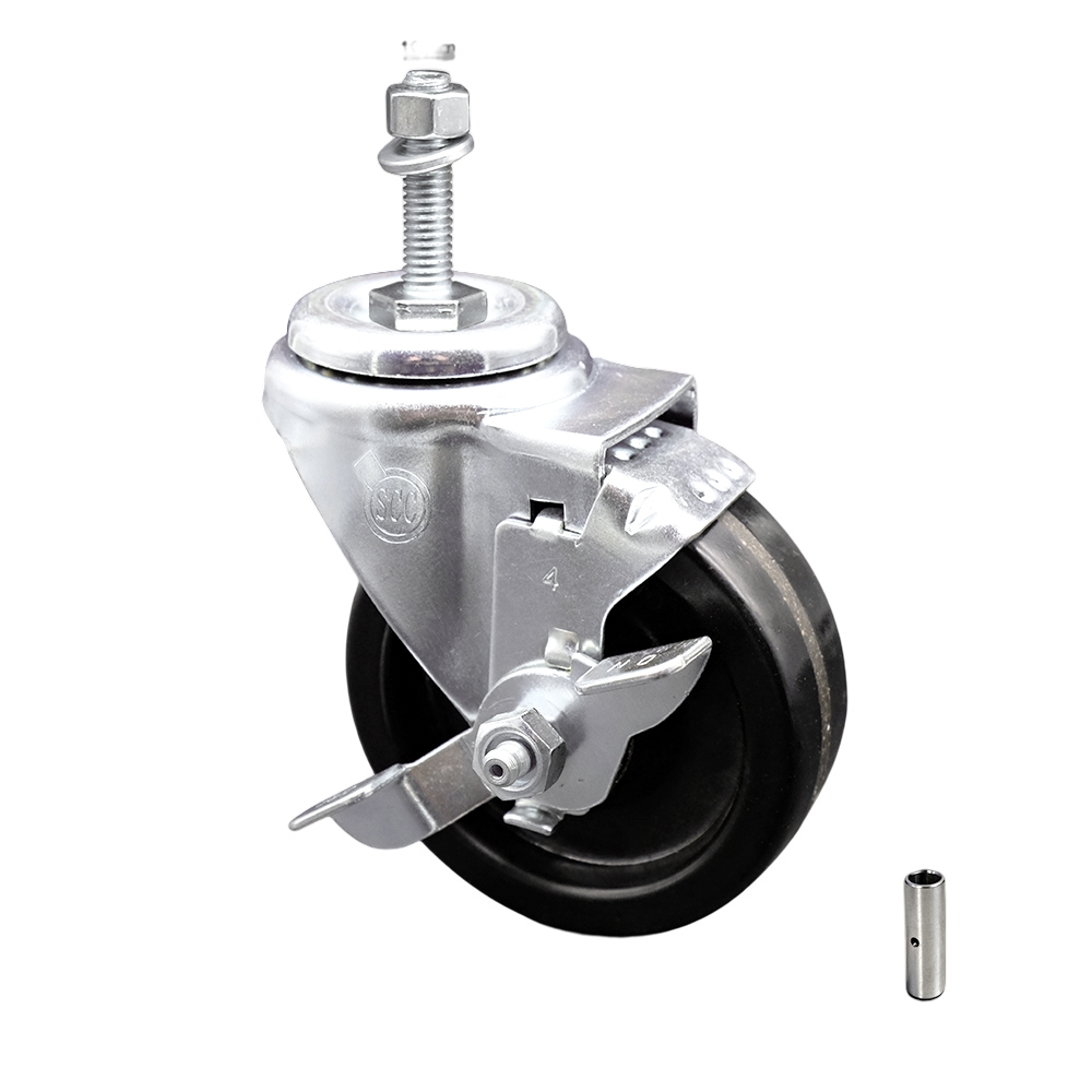 Stainless Steel Phenolic Swivel Threaded Stem Caster w/4" x 1.25" Black Wheel and 10MM Metric Stem & Top Locking Brake - 300 lbs Capacity/Caster - Service Caster Brand — photo 1