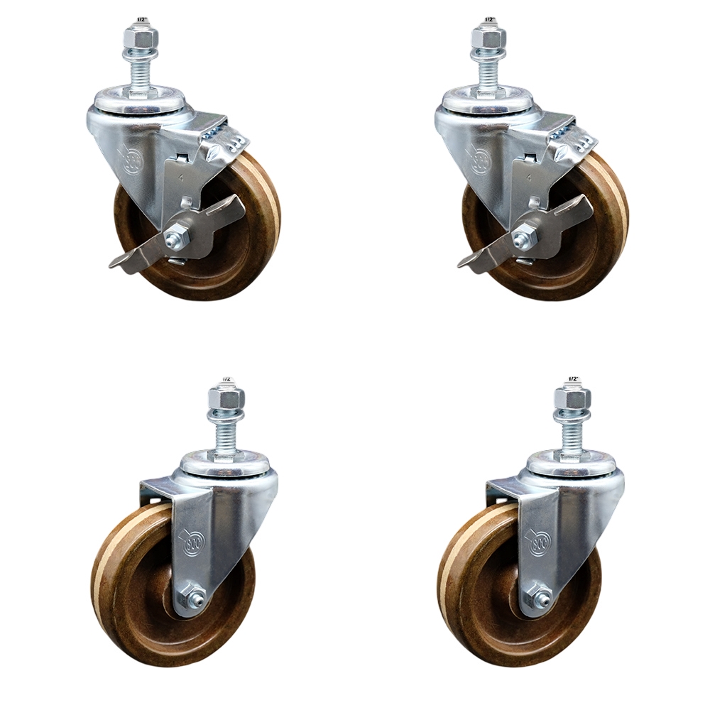 Stainless Steel High Temp Phenolic Swivel Threaded Stem Caster Set 4 w/4" x 1.25" Brown Wheels and 1/2" Stems-Includes 2 with Top Locking Brake-1200 lbs Total Capacity-Service Caster Brand — photo 1