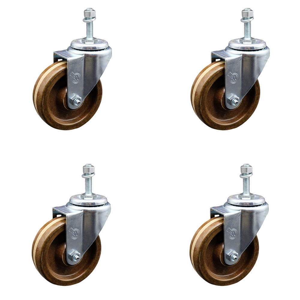 Stainless Steel High Temperature Phenolic Swivel Threaded Stem Caster Set of 4 w/4" x 1.25" Brown Wheels and 3/8" Stems - Includes 4 Swivel - 1200 lbs Total Capacity - Service Caster Brand — photo 1