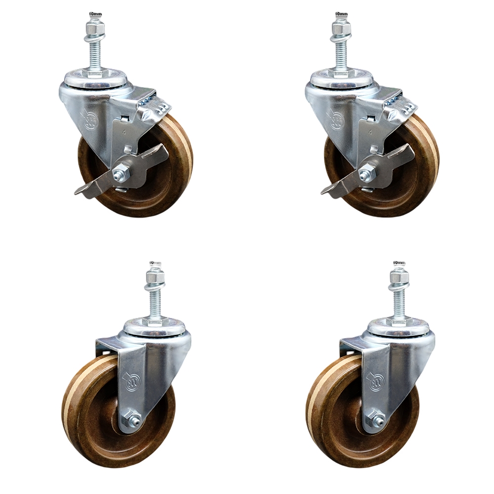 Stainless Steel High Temp Phenolic Swivel Threaded Stem Caster Set 4 w/4" x 1.25" Brown Wheels&10MM Metric Stems-Includes 2 w/Top Locking Brake-1200 lbs Total Capacity-Service Caster Brand — photo 1