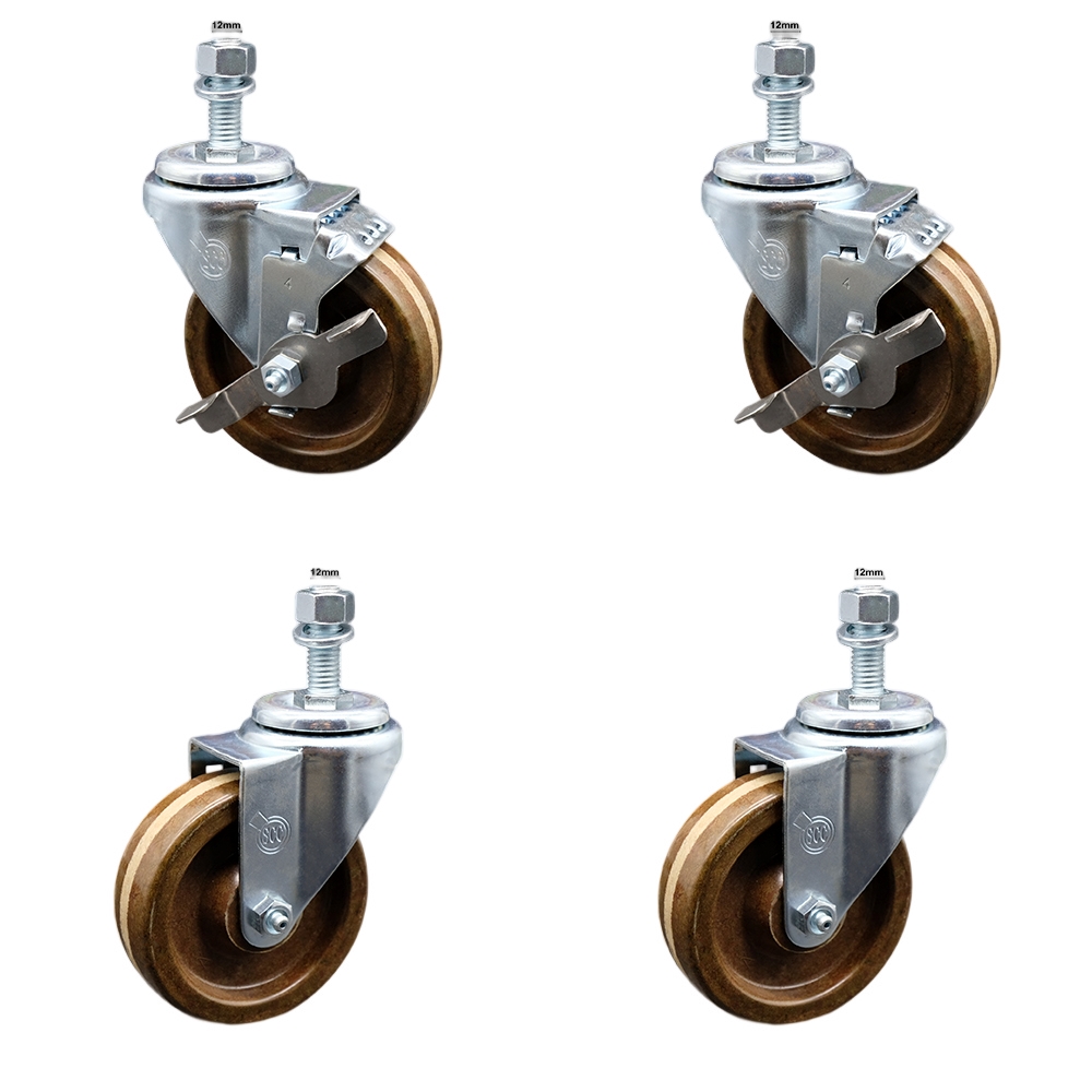 Stainless Steel High Temp Phenolic Swivel Threaded Stem Caster Set 4 w/4" x 1.25" Brown Wheels&12MM Metric Stems-Includes 2 w/Top Locking Brake-1200 lbs Total Capacity-Service Caster Brand — photo 1