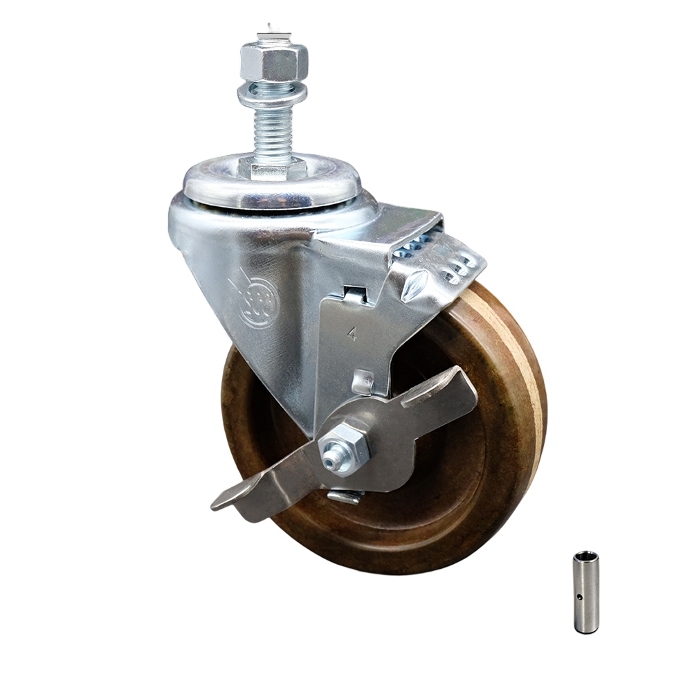 Stainless Steel High Temp Phenolic Swivel Threaded Stem Caster w/4" x 1.25" Brown Wheel and 1/2" Stem & Top Locking Brake - 300 lbs Capacity/Caster - Service Caster Brand — photo 1
