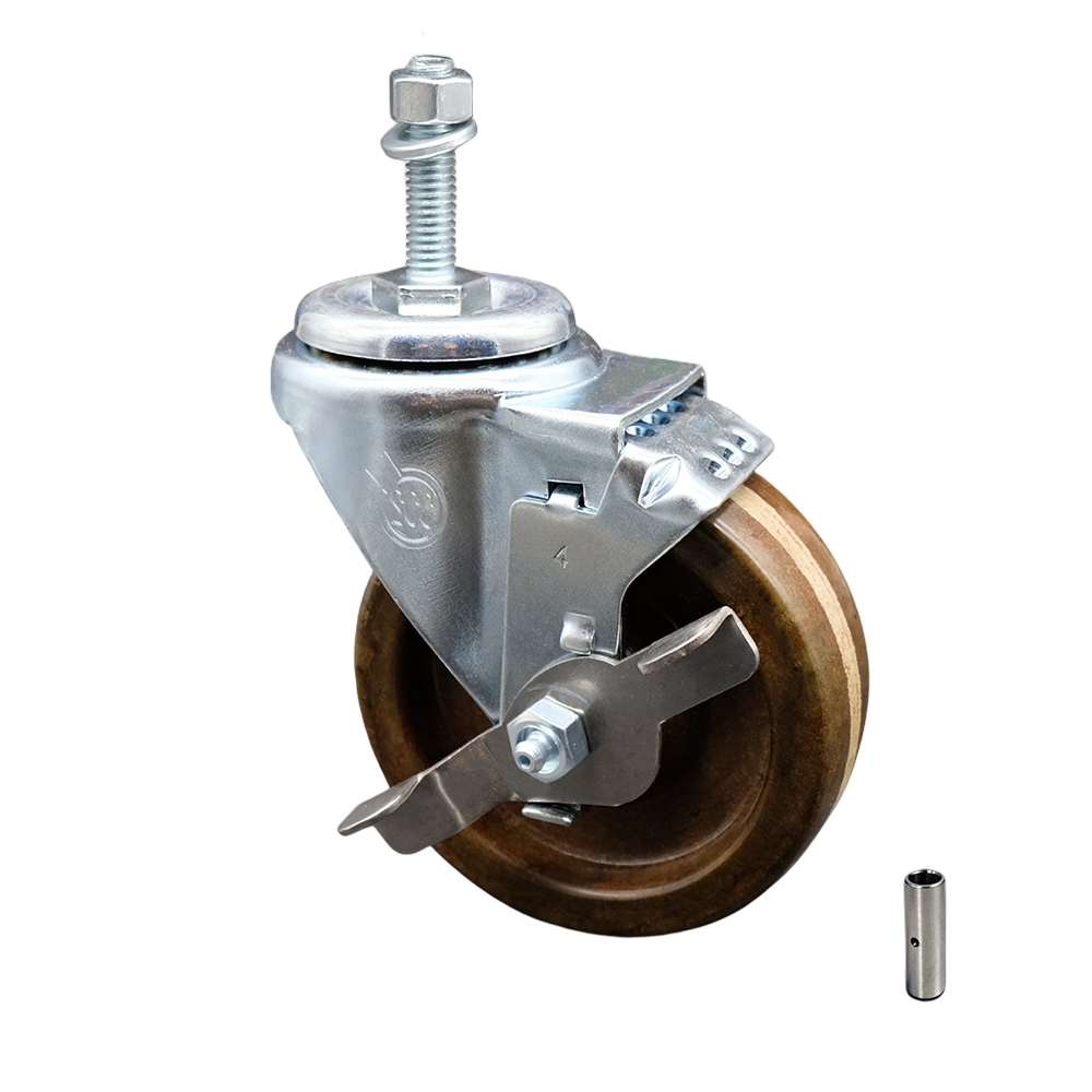 Stainless Steel High Temp Phenolic Swivel Threaded Stem Caster w/4" x 1.25" Brown Wheel and 3/8" Stem & Top Locking Brake - 300 lbs Capacity/Caster - Service Caster Brand — photo 1