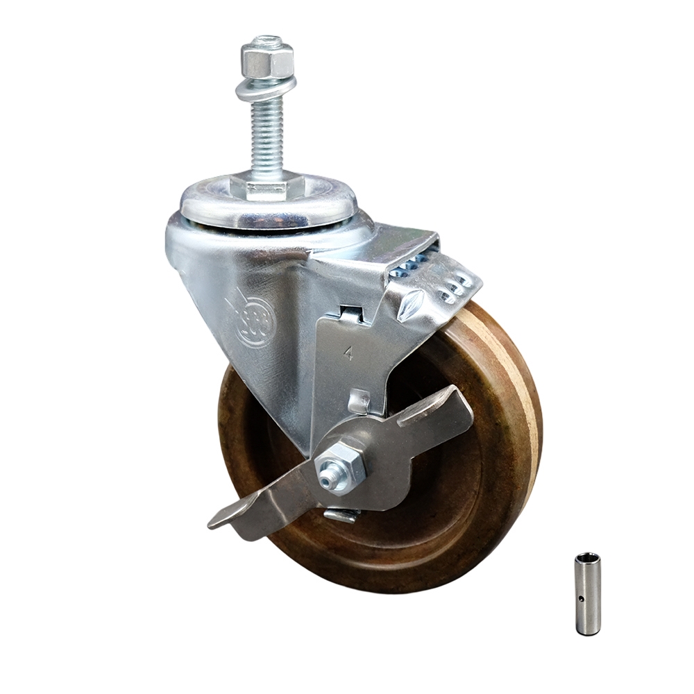 Stainless Steel High Temp Phenolic Swivel Threaded Stem Caster w/4" x 1.25" Brown Wheel and 10MM Metric Stem & Top Locking Brake - 300 lbs Capacity/Caster - Service Caster Brand — photo 1