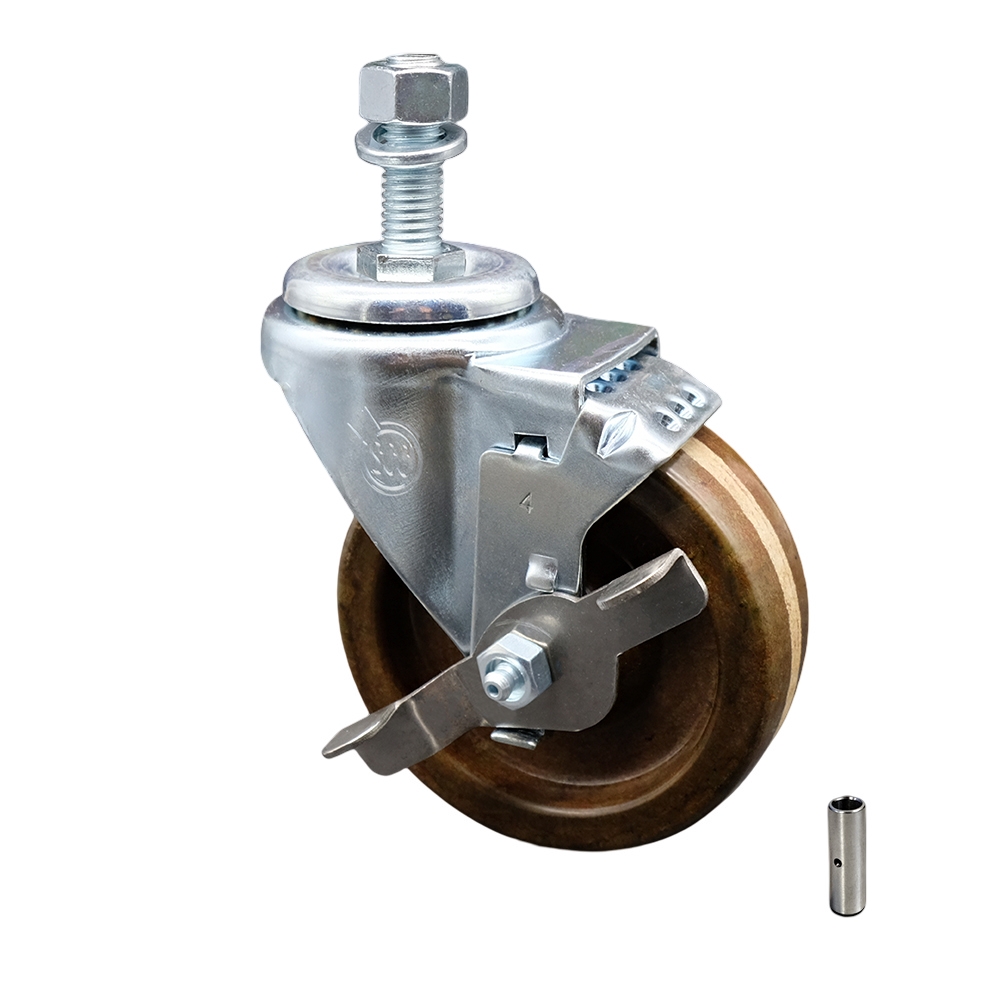 Stainless Steel High Temp Phenolic Swivel Threaded Stem Caster w/4" x 1.25" Brown Wheel and 12MM Metric Stem & Top Locking Brake - 300 lbs Capacity/Caster - Service Caster Brand — photo 1