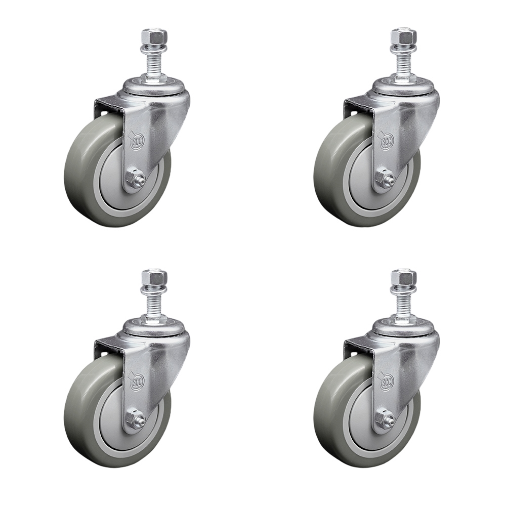 Stainless Steel Polyurethane Swivel Threaded Stem Caster Set of 4 w/4" x 1.25" Gray Wheels and 1/2" Stems - Includes 4 Swivel - 1400 lbs Total Capacity - Service Caster Brand — photo 1