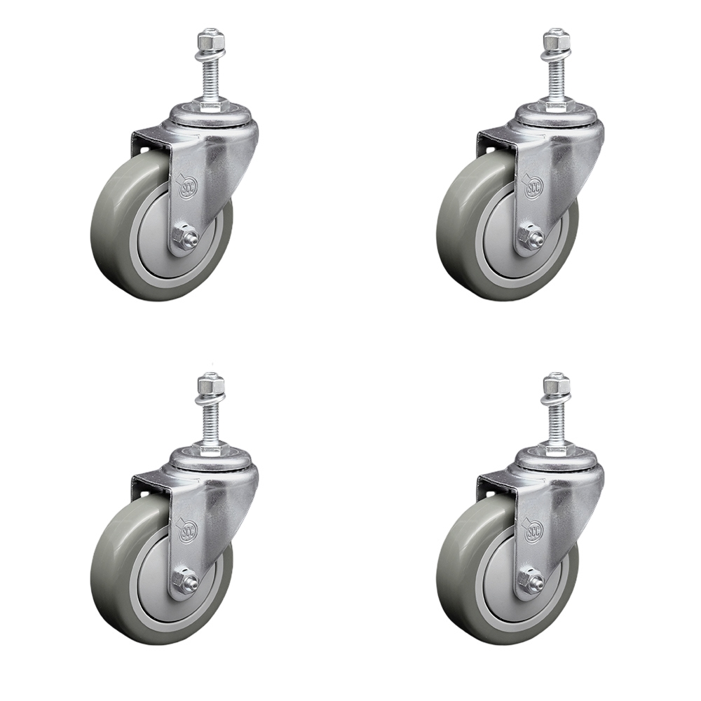 Stainless Steel Polyurethane Swivel Threaded Stem Caster Set of 4 w/4" x 1.25" Gray Wheels and 3/8" Stems - Includes 4 Swivel - 1400 lbs Total Capacity - Service Caster Brand — photo 1