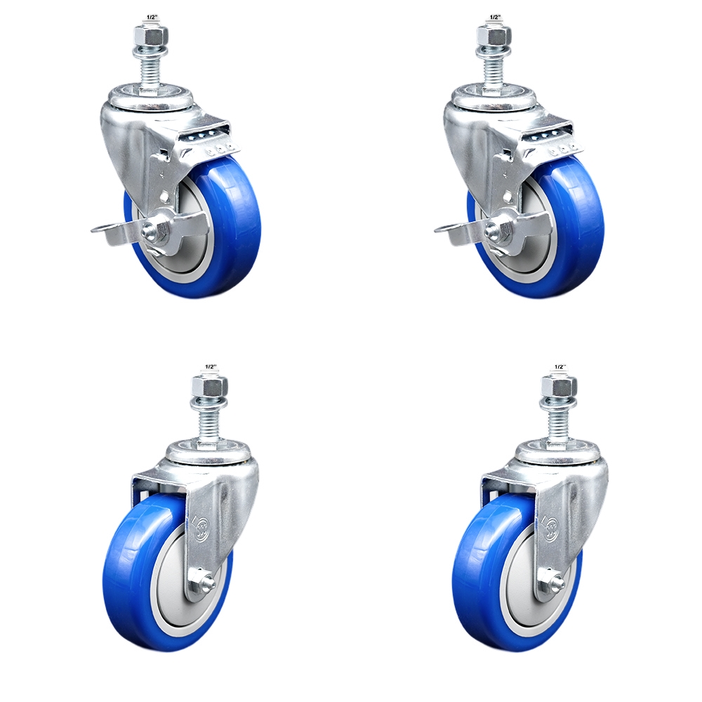 Stainless Steel Polyurethane Swivel Threaded Stem Caster Set of 4 w/4" x 1.25" Blue Wheels and 1/2" Stems - Includes 2 with Top Locking Brake - 1400 lbs Total Capacity - Service Caster Brand — photo 1
