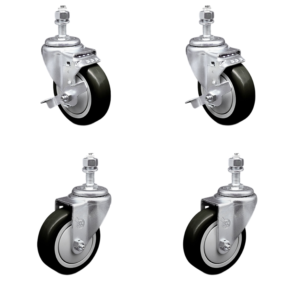 Stainless Steel Polyurethane Swivel Threaded Stem Caster Set of 4 w/4" x 1.25" Black Wheels and 1/2" Stems - Includes 2 with Top Locking Brake - 1400 lbs Total Capacity - Service Caster Brand — photo 1