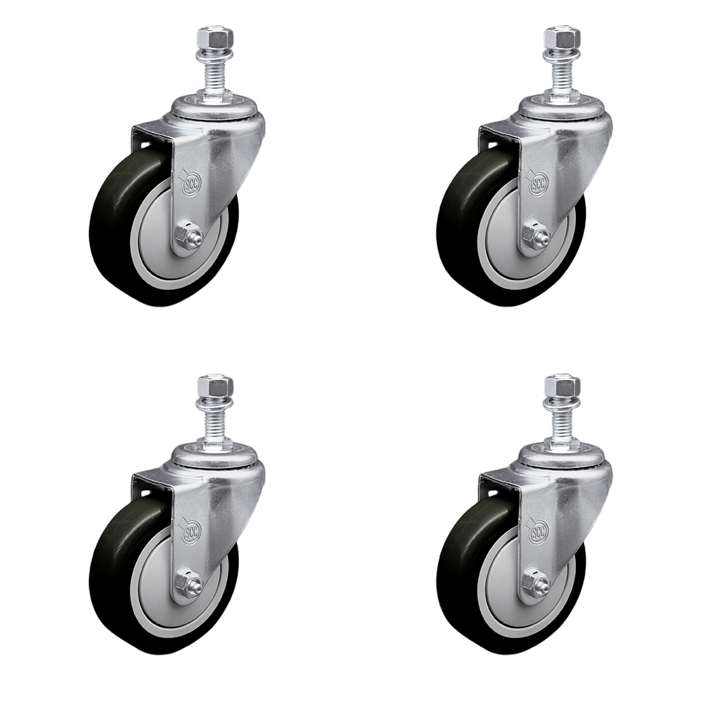 Stainless Steel Polyurethane Swivel Threaded Stem Caster Set of 4 w/4" x 1.25" Black Wheels and 1/2" Stems - Includes 4 Swivel - 1400 lbs Total Capacity - Service Caster Brand — photo 1