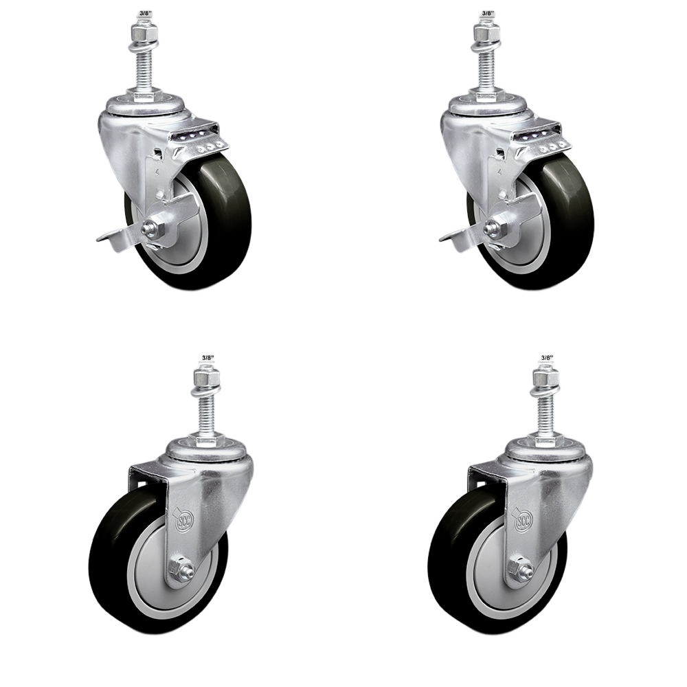 Stainless Steel Polyurethane Swivel Threaded Stem Caster Set of 4 w/4" x 1.25" Black Wheels and 3/8" Stems - Includes 2 with Top Locking Brake - 1400 lbs Total Capacity - Service Caster Brand — photo 1
