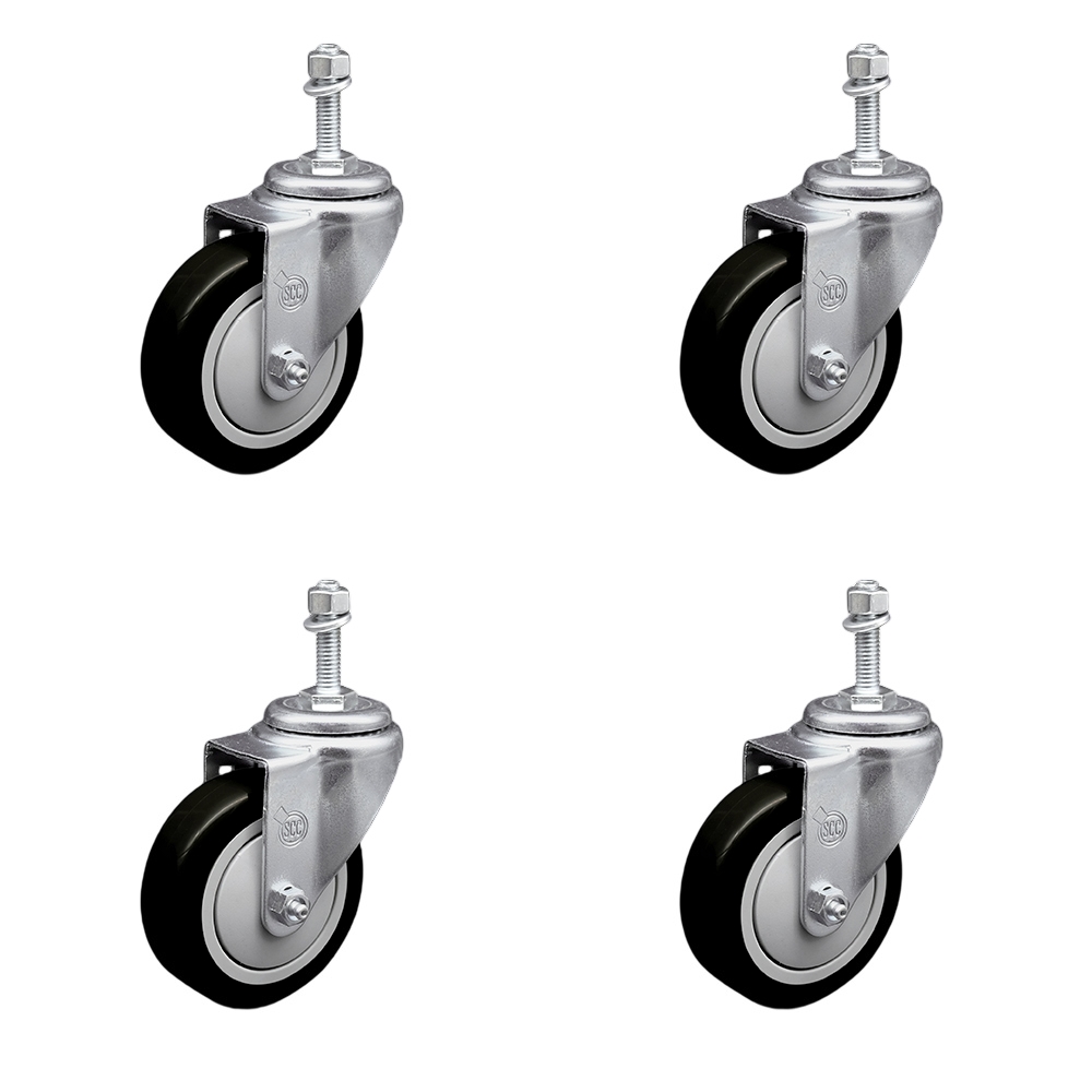 Stainless Steel Polyurethane Swivel Threaded Stem Caster Set of 4 w/4" x 1.25" Black Wheels and 3/8" Stems - Includes 4 Swivel - 1400 lbs Total Capacity - Service Caster Brand — photo 1