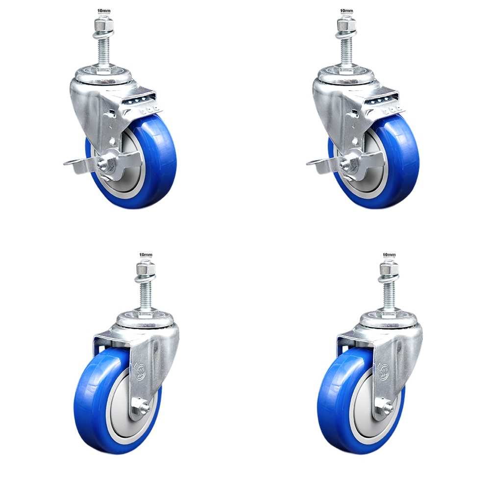 Stainless Steel Polyurethane Swivel Threaded Stem Caster Set of 4 w/4" x 1.25" Blue Wheels and 10mm Stems - Includes 2 with Top Locking Brake - 1400 lbs Total Capacity - Service Caster Brand — photo 1