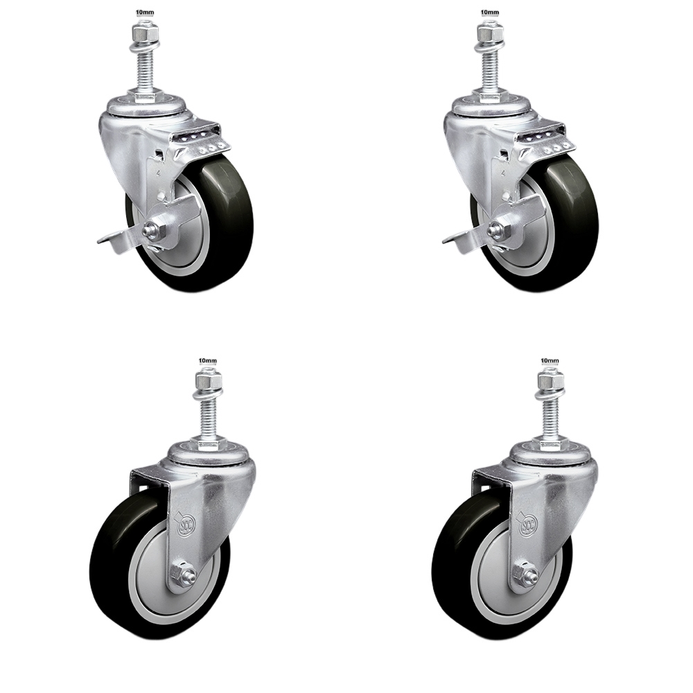 Stainless Steel Polyurethane Swivel Threaded Stem Caster Set of 4 w/4" x 1.25" Black Wheels and 10mm Stems - Includes 2 with Top Locking Brake - 1400 lbs Total Capacity - Service Caster Brand — photo 1
