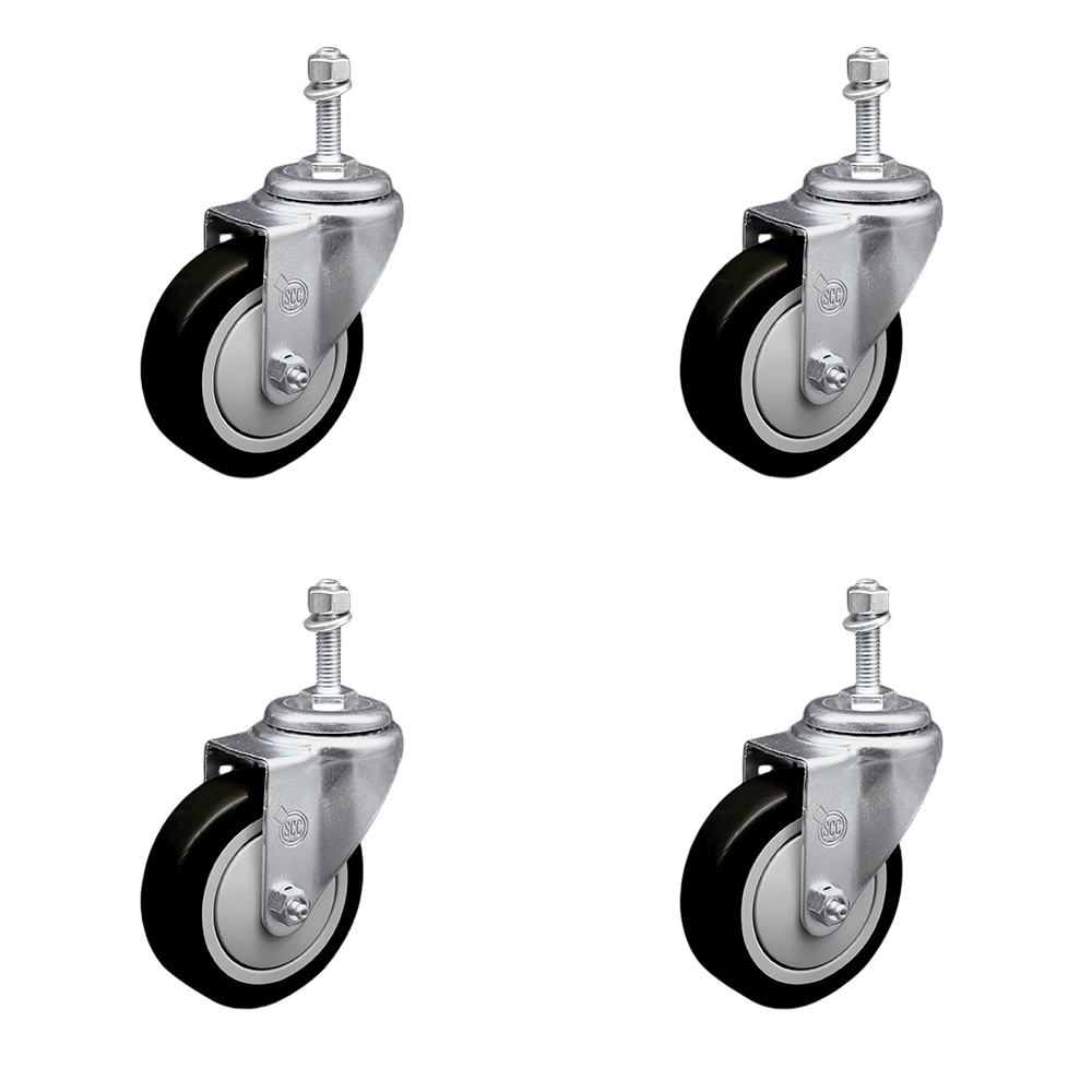 Stainless Steel Polyurethane Swivel Threaded Stem Caster Set of 4 w/4" x 1.25" Black Wheels and 10mm Stems - Includes 4 Swivel - 1400 lbs Total Capacity - Service Caster Brand — photo 1