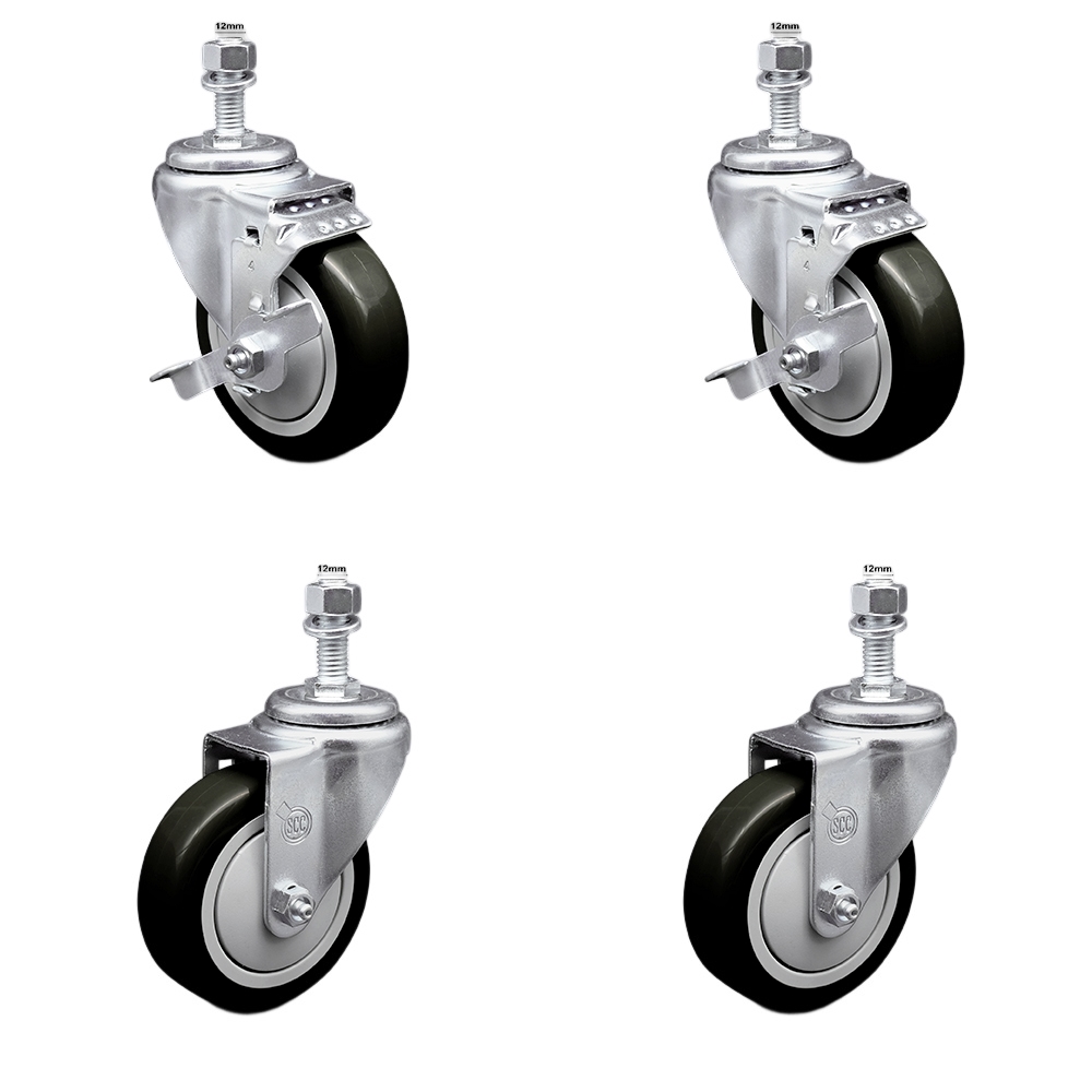 Stainless Steel Polyurethane Swivel Threaded Stem Caster Set of 4 w/4" x 1.25" Black Wheels and 12mm Stems - Includes 2 with Top Locking Brake - 1400 lbs Total Capacity - Service Caster Brand — photo 1