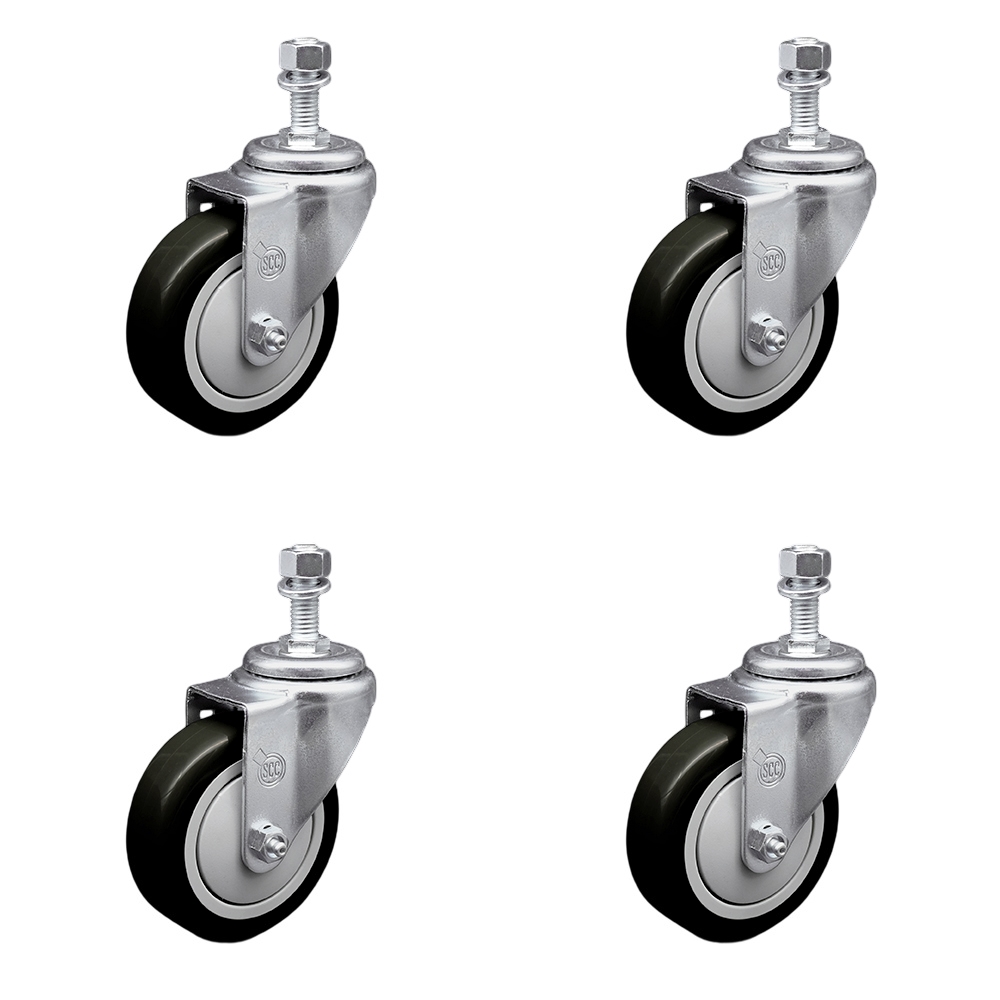 Stainless Steel Polyurethane Swivel Threaded Stem Caster Set of 4 w/4" x 1.25" Black Wheels and 12mm Stems - Includes 4 Swivel - 1400 lbs Total Capacity - Service Caster Brand — photo 1
