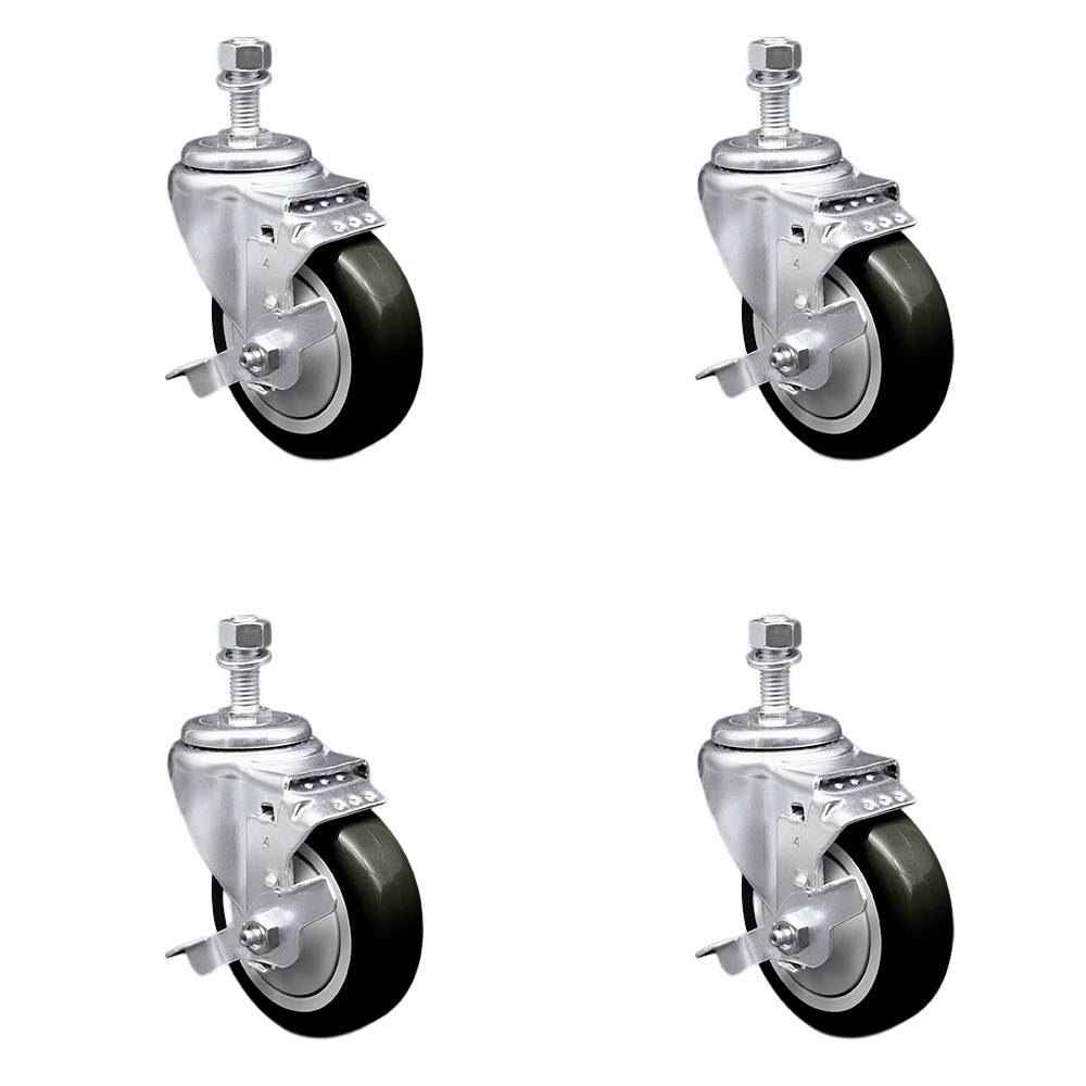 Stainless Steel Polyurethane Swivel Threaded Stem Caster Set of 4 w/4" x 1.25" Black Wheels and 1/2" Stems - Includes 4 with Top Lock Brakes - 1400 lbs Total Capacity - Service Caster Brand — photo 1