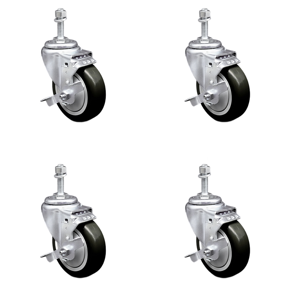 Stainless Steel Polyurethane Swivel Threaded Stem Caster Set of 4 w/4" x 1.25" Black Wheels and 3/8" Stems - Includes 4 with Top Lock Brakes - 1400 lbs Total Capacity - Service Caster Brand — photo 1