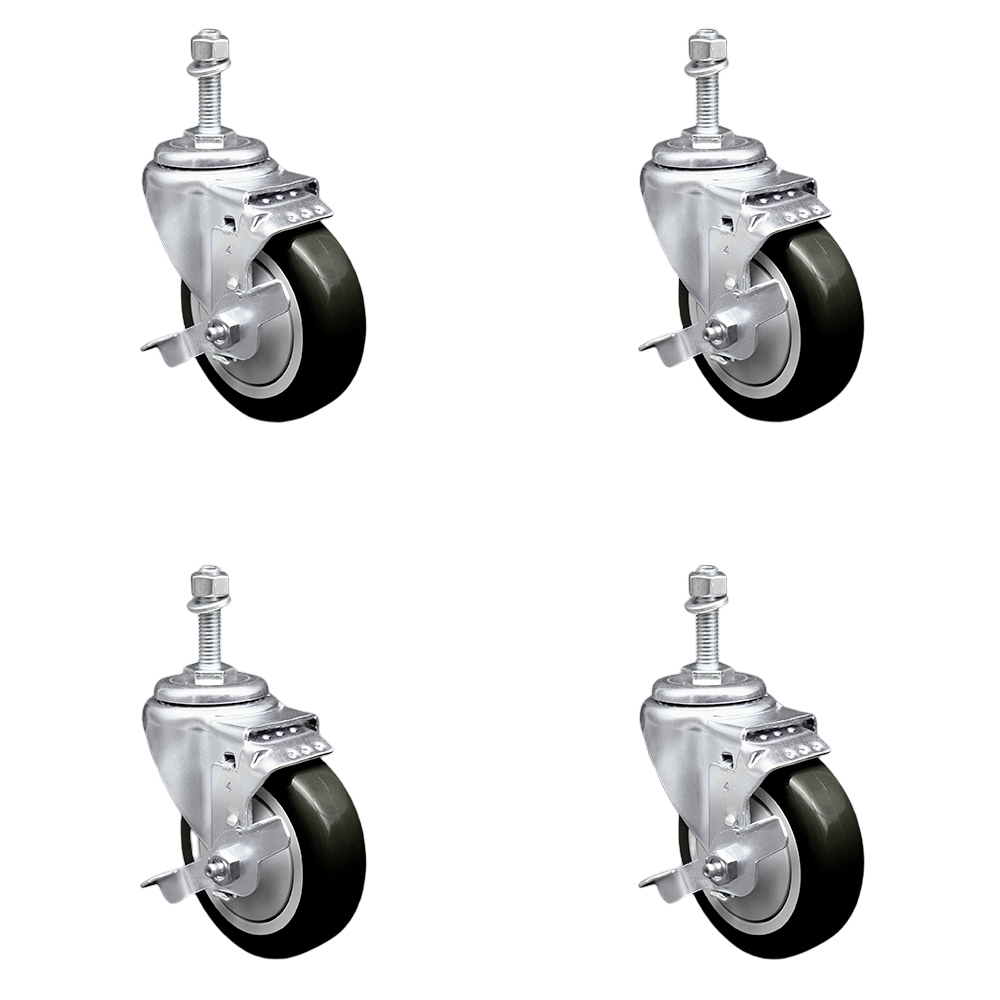 Stainless Steel Polyurethane Swivel Threaded Stem Caster Set of 4 w/4" x 1.25" Black Wheels and 10mm Stems - Includes 4 with Top Lock Brakes - 1400 lbs Total Capacity - Service Caster Brand — photo 1