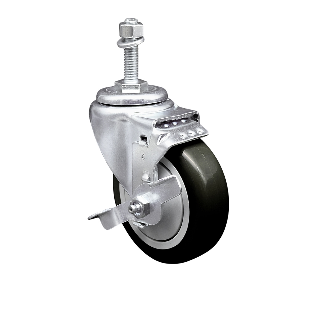 Stainless Steel Polyurethane Swivel Threaded Stem Caster w/4" x 1.25"  Black Wheel and 10mm Stem & Top Locking Brake - 350 lbs Capacity/Caster - Service Caster Brand — photo 1
