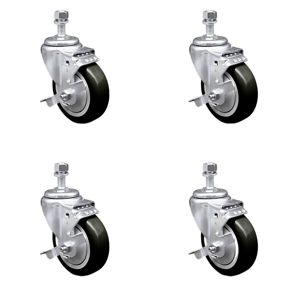 Stainless Steel Polyurethane Swivel Threaded Stem Caster Set of 4 w/4" x 1.25" Black Wheels and 12mm Stems - Includes 4 with Top Lock Brakes - 1400 lbs Total Capacity - Service Caster Brand — photo 1