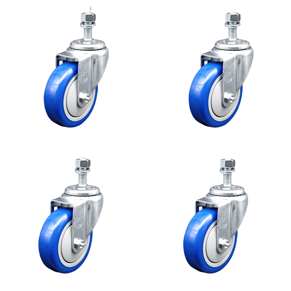 Stainless Steel Polyurethane Swivel Threaded Stem Caster Set of 4 w/4" x 1.25" Blue Wheels and 1/2" Stems - Includes 4 Swivel - 1400 lbs Total Capacity - Service Caster Brand — photo 1