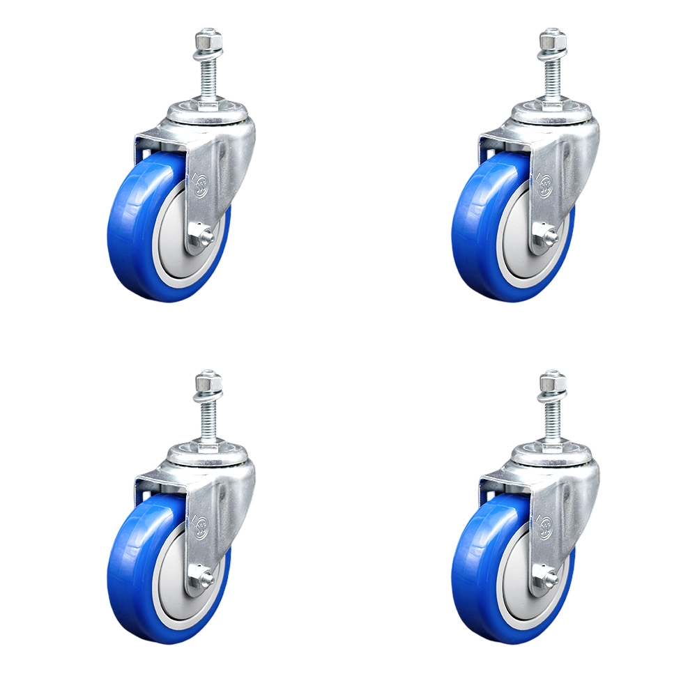 Stainless Steel Polyurethane Swivel Threaded Stem Caster Set of 4 w/4" x 1.25" Blue Wheels and 3/8" Stems - Includes 4 Swivel - 1400 lbs Total Capacity - Service Caster Brand — photo 1