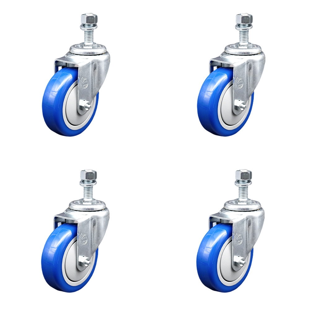 Stainless Steel Polyurethane Swivel Threaded Stem Caster Set of 4 w/4" x 1.25" Blue Wheels and 12mm Stems - Includes 4 Swivel - 1400 lbs Total Capacity - Service Caster Brand — photo 1