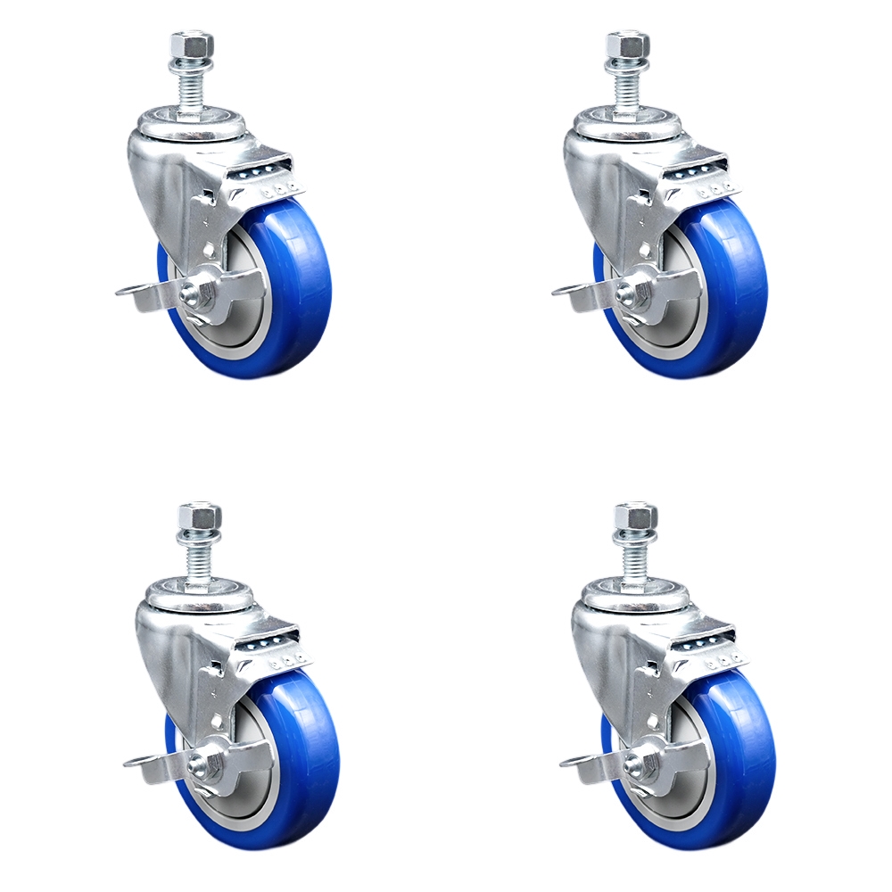 Stainless Steel Polyurethane Swivel Threaded Stem Caster Set of 4 w/4" x 1.25" Blue Wheels and 1/2" Stems - Includes 4 with Top Lock Brakes - 1400 lbs Total Capacity - Service Caster Brand — photo 1