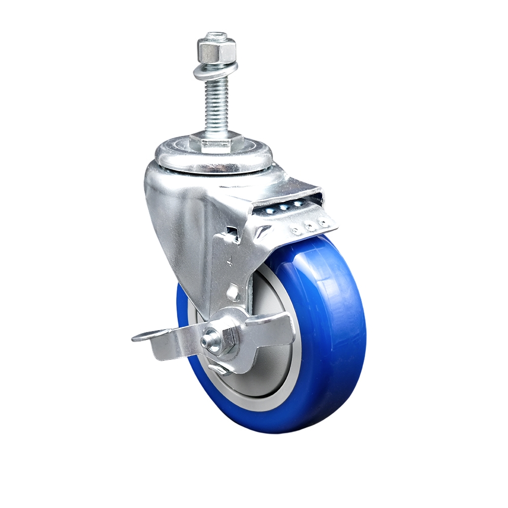 Stainless Steel Polyurethane Swivel Threaded Stem Caster w/4" x 1.25"  Blue Wheel and 3/8" Stem & Top Locking Brake - 350 lbs Capacity/Caster - Service Caster Brand — photo 1