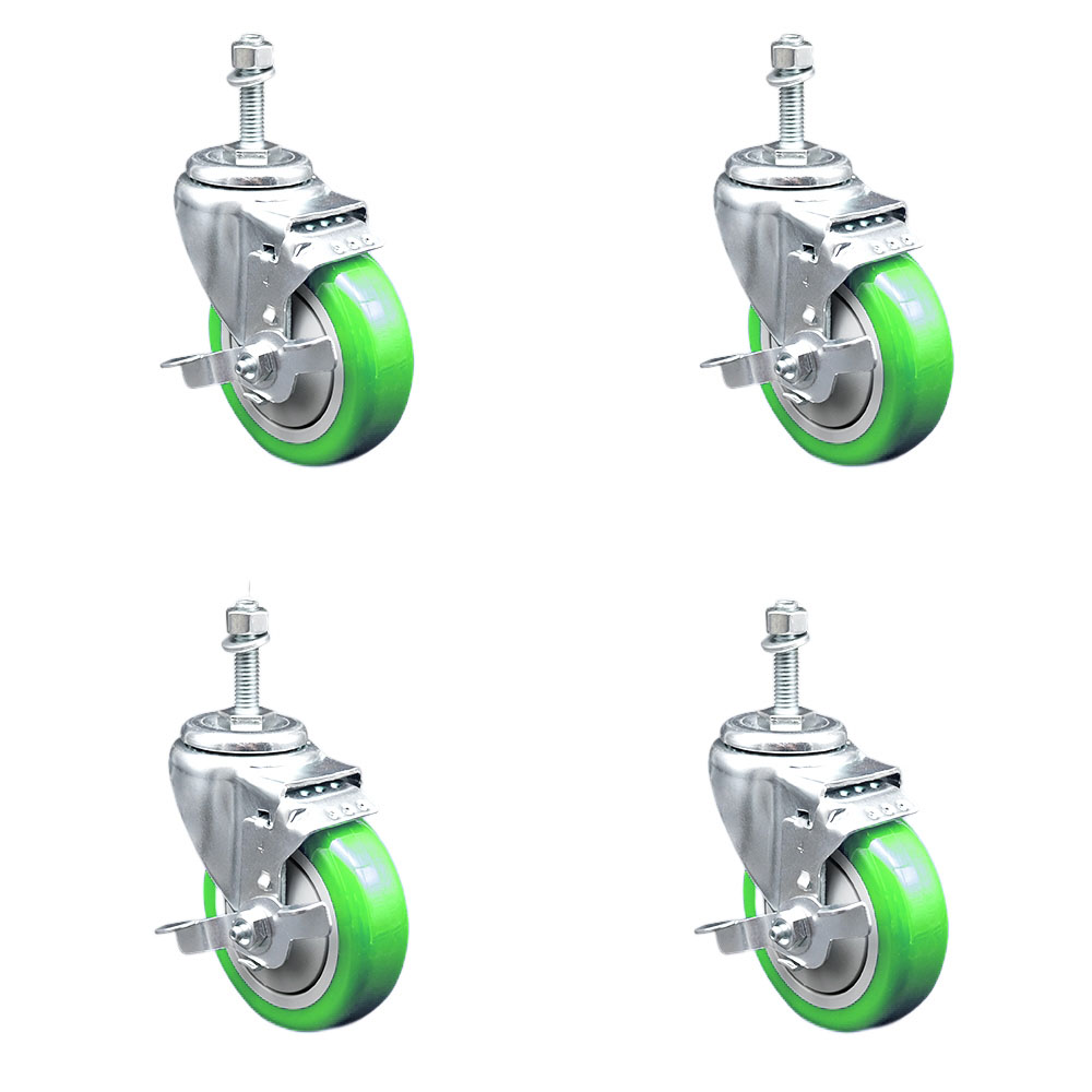 Stainless Steel Polyurethane Swivel Threaded Stem Caster Set of 4 w/4" x 1.25" Green Wheels and 3/8" Stems - Includes 4 with Top Lock Brakes - 1400 lbs Total Capacity - Service Caster Brand — photo 1