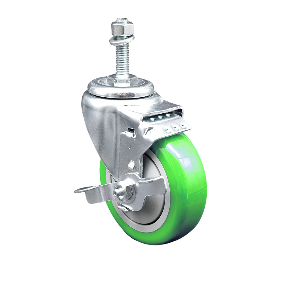 Stainless Steel Polyurethane Swivel Threaded Stem Caster w/4" x 1.25"  Green Wheel and 3/8" Stem & Top Locking Brake - 350 lbs Capacity/Caster - Service Caster Brand — photo 1