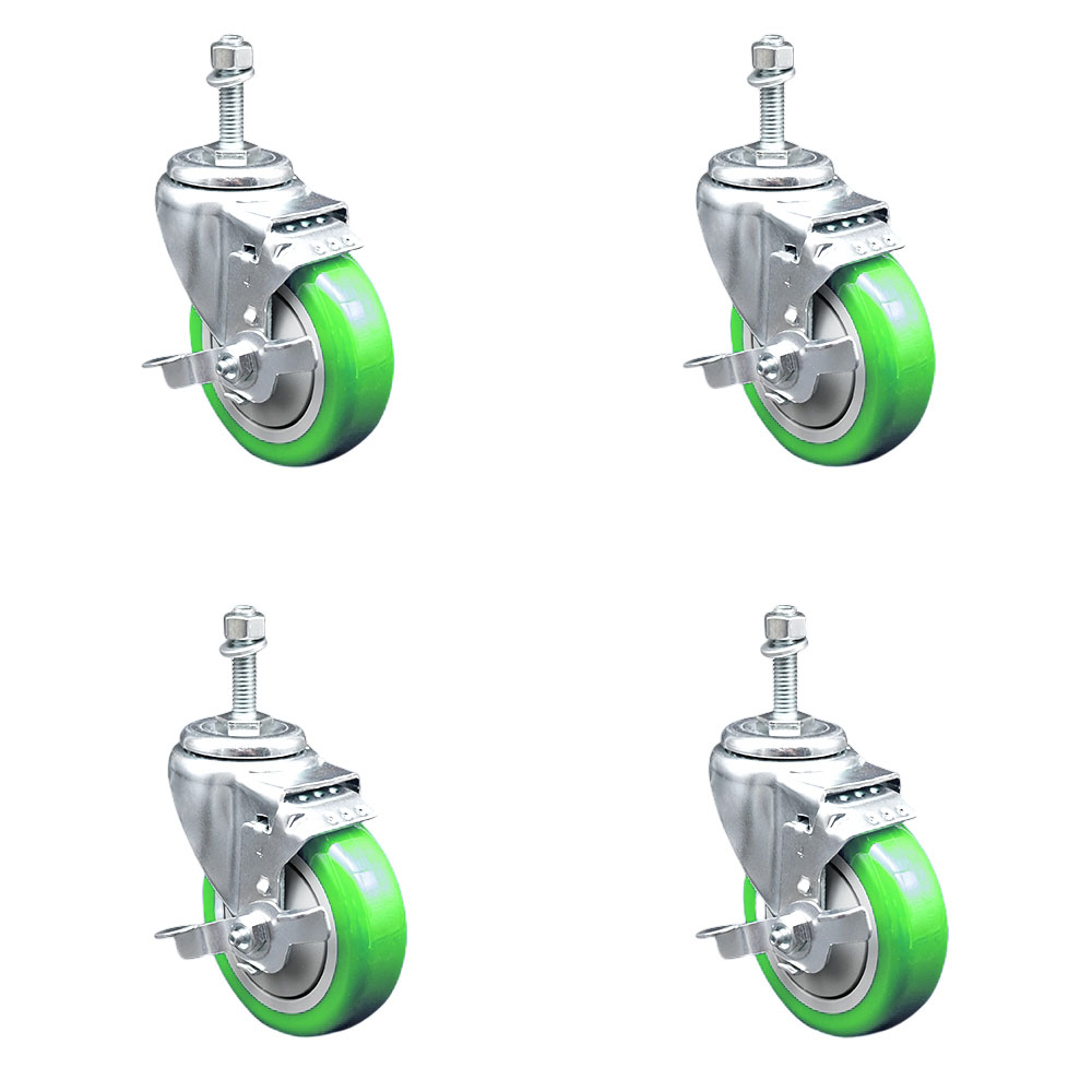 Stainless Steel Polyurethane Swivel Threaded Stem Caster Set of 4 w/4" x 1.25" Green Wheels and 10mm Stems - Includes 4 with Top Lock Brakes - 1400 lbs Total Capacity - Service Caster Brand — photo 1