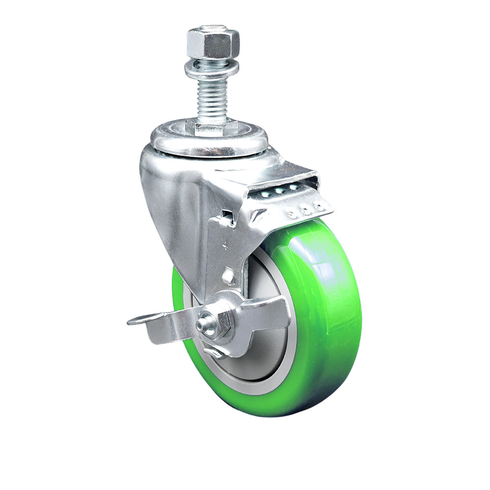 Stainless Steel Polyurethane Swivel Threaded Stem Caster w/4" x 1.25"  Green Wheel and 12mm Stem & Top Locking Brake - 350 lbs Capacity/Caster - Service Caster Brand — photo 1