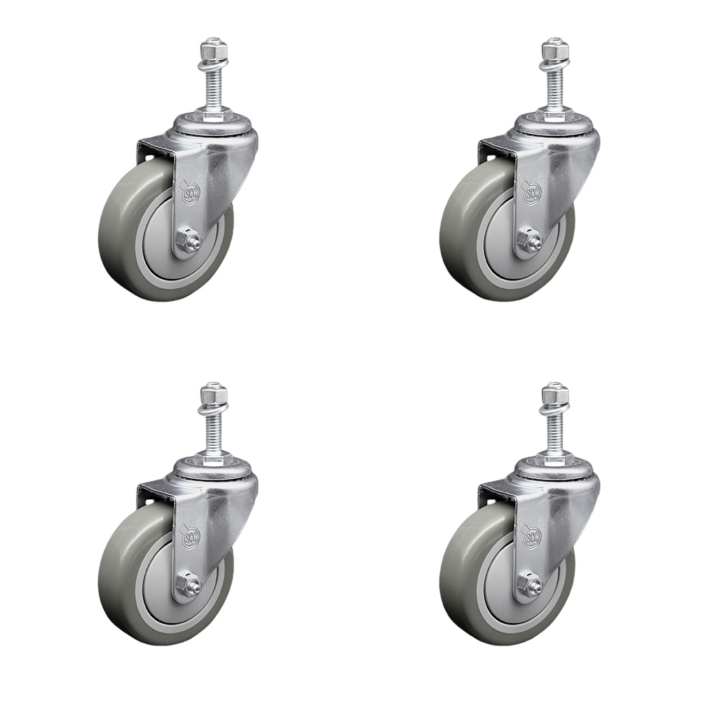 Stainless Steel Polyurethane Swivel Threaded Stem Caster Set of 4 w/4" x 1.25" Gray Wheels and 10mm Stems - Includes 4 Swivel - 1400 lbs Total Capacity - Service Caster Brand — photo 1