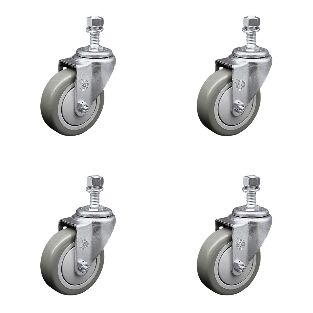 Stainless Steel Polyurethane Swivel Threaded Stem Caster Set of 4 w/4" x 1.25" Gray Wheels and 12mm Stems - Includes 4 Swivel - 1400 lbs Total Capacity - Service Caster Brand — photo 1