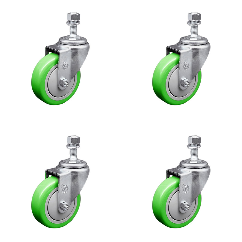 Stainless Steel Polyurethane Swivel Threaded Stem Caster Set of 4 w/4" x 1.25" Green Wheels and 12mm Stems - Includes 4 Swivel - 1400 lbs Total Capacity - Service Caster Brand — photo 1
