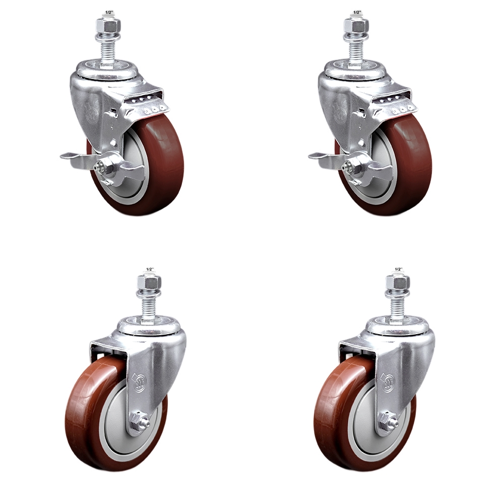 Stainless Steel Polyurethane Swivel Threaded Stem Caster Set of 4 w/4" x 1.25" Maroon Wheels and 1/2" Stems - Includes 2 with Top Locking Brake - 1400 lbs Total Capacity - Service Caster Brand — photo 1