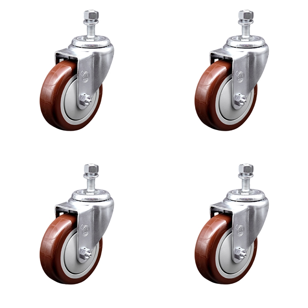 Stainless Steel Polyurethane Swivel Threaded Stem Caster Set of 4 w/4" x 1.25" Maroon Wheels and 1/2" Stems - Includes 4 Swivel - 1400 lbs Total Capacity - Service Caster Brand — photo 1