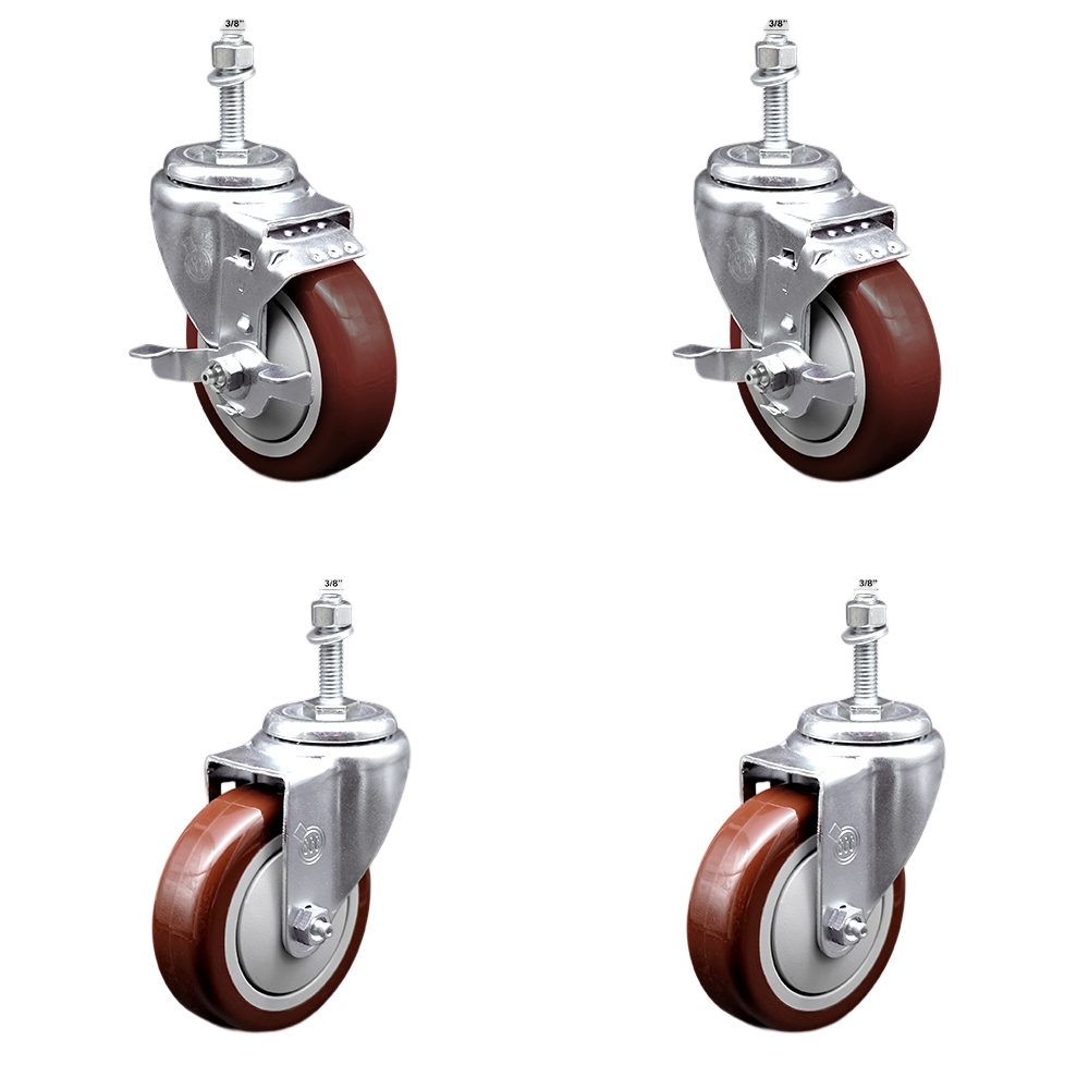 Stainless Steel Polyurethane Swivel Threaded Stem Caster Set of 4 w/4" x 1.25" Maroon Wheels and 3/8" Stems - Includes 2 with Top Locking Brake - 1400 lbs Total Capacity - Service Caster Brand — photo 1
