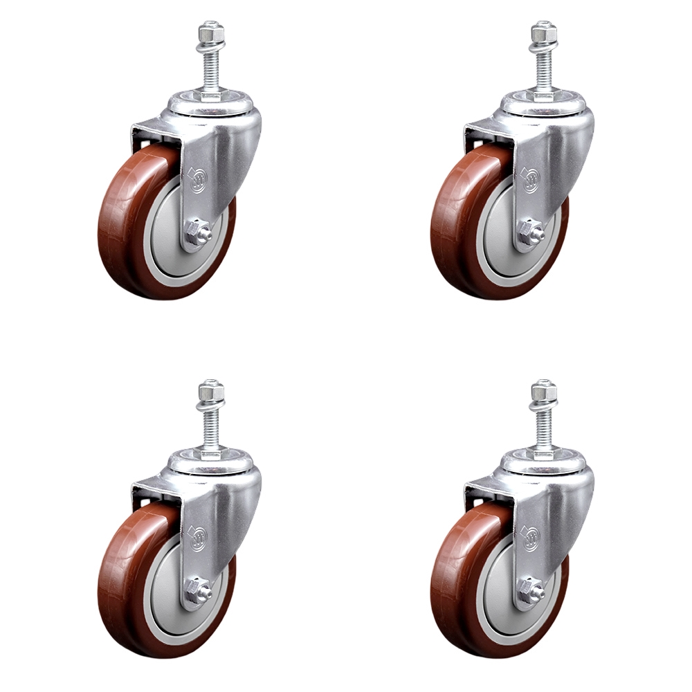 Stainless Steel Polyurethane Swivel Threaded Stem Caster Set of 4 w/4" x 1.25" Maroon Wheels and 3/8" Stems - Includes 4 Swivel - 1400 lbs Total Capacity - Service Caster Brand — photo 1