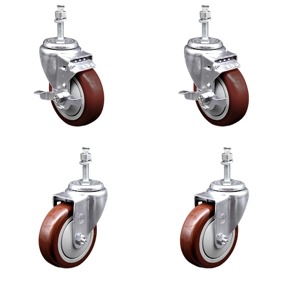 Stainless Steel Polyurethane Swivel Threaded Stem Caster Set of 4 w/4" x 1.25" Maroon Wheels and 10mm Stems - Includes 2 with Top Locking Brake - 1400 lbs Total Capacity - Service Caster Brand — photo 1