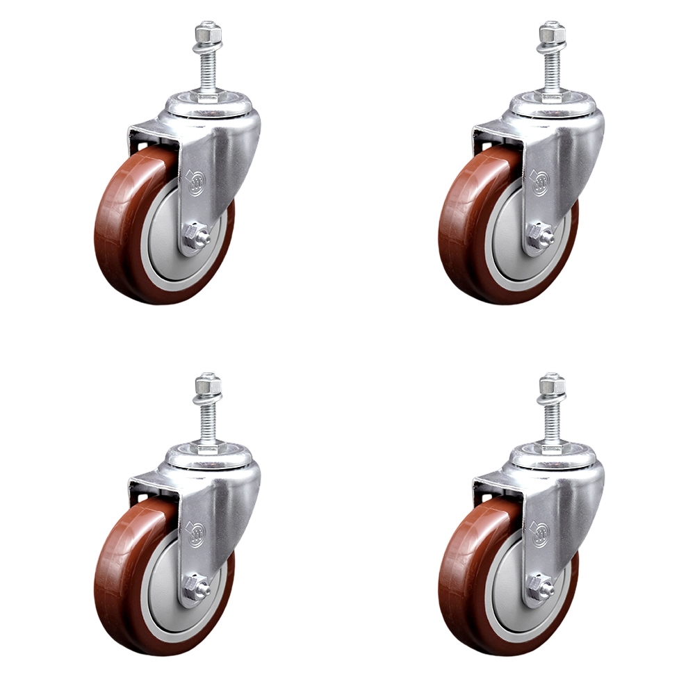 Stainless Steel Polyurethane Swivel Threaded Stem Caster Set of 4 w/4" x 1.25" Maroon Wheels and 10mm Stems - Includes 4 Swivel - 1400 lbs Total Capacity - Service Caster Brand — photo 1